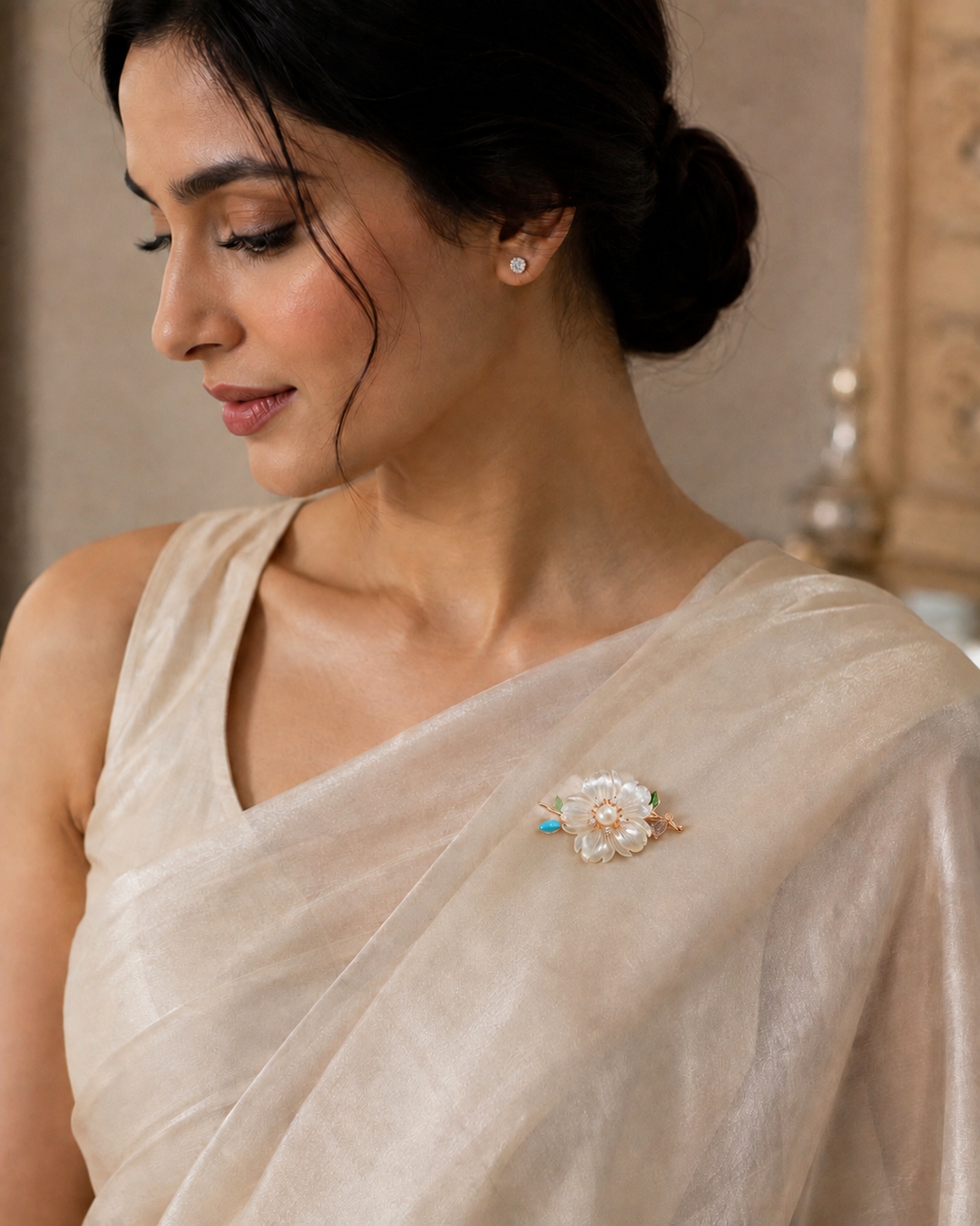"Aura Blossom" Mother-of-Pearl & Pearl Floral Brooch