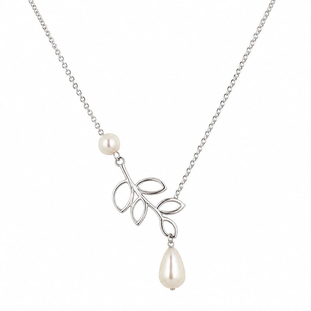 Silver Leaf Vine & Pearl Drop Lariat Necklace