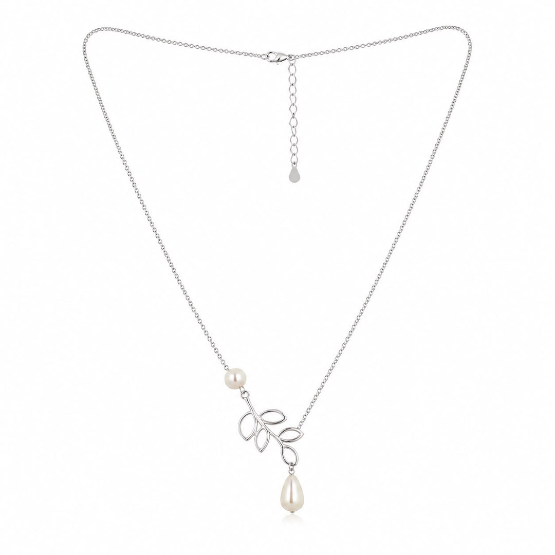 Silver Leaf Vine & Pearl Drop Lariat Necklace