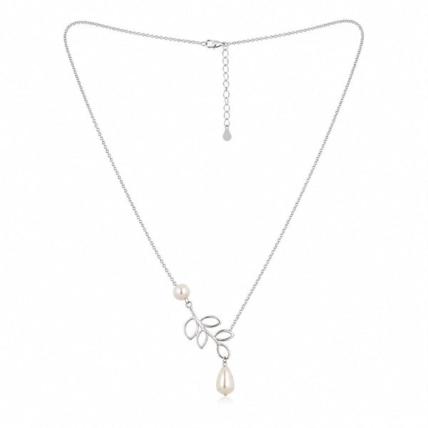 Silver Leaf Vine & Pearl Drop Lariat Necklace