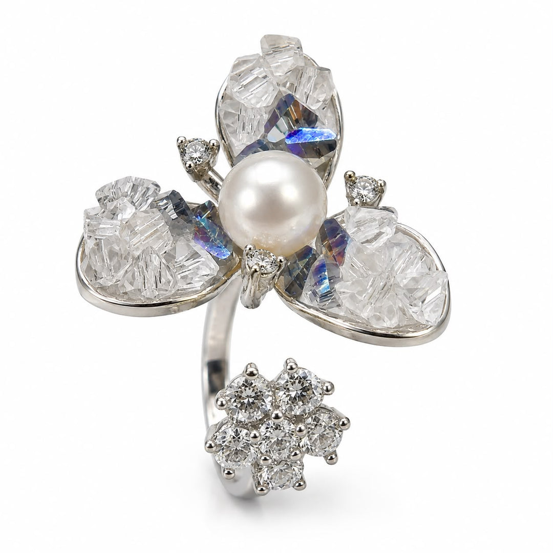 Aura Pearl & Crystal Cluster Open Cuff Ring