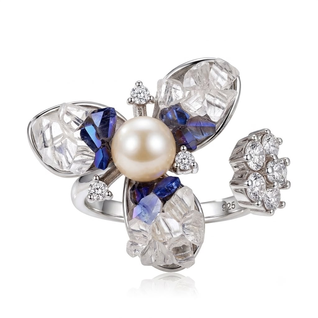 Aura Pearl & Crystal Cluster Open Cuff Ring