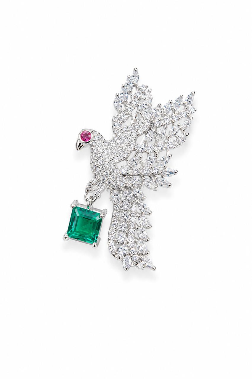 Emerald-Drop Majestic Phoenix Brooch