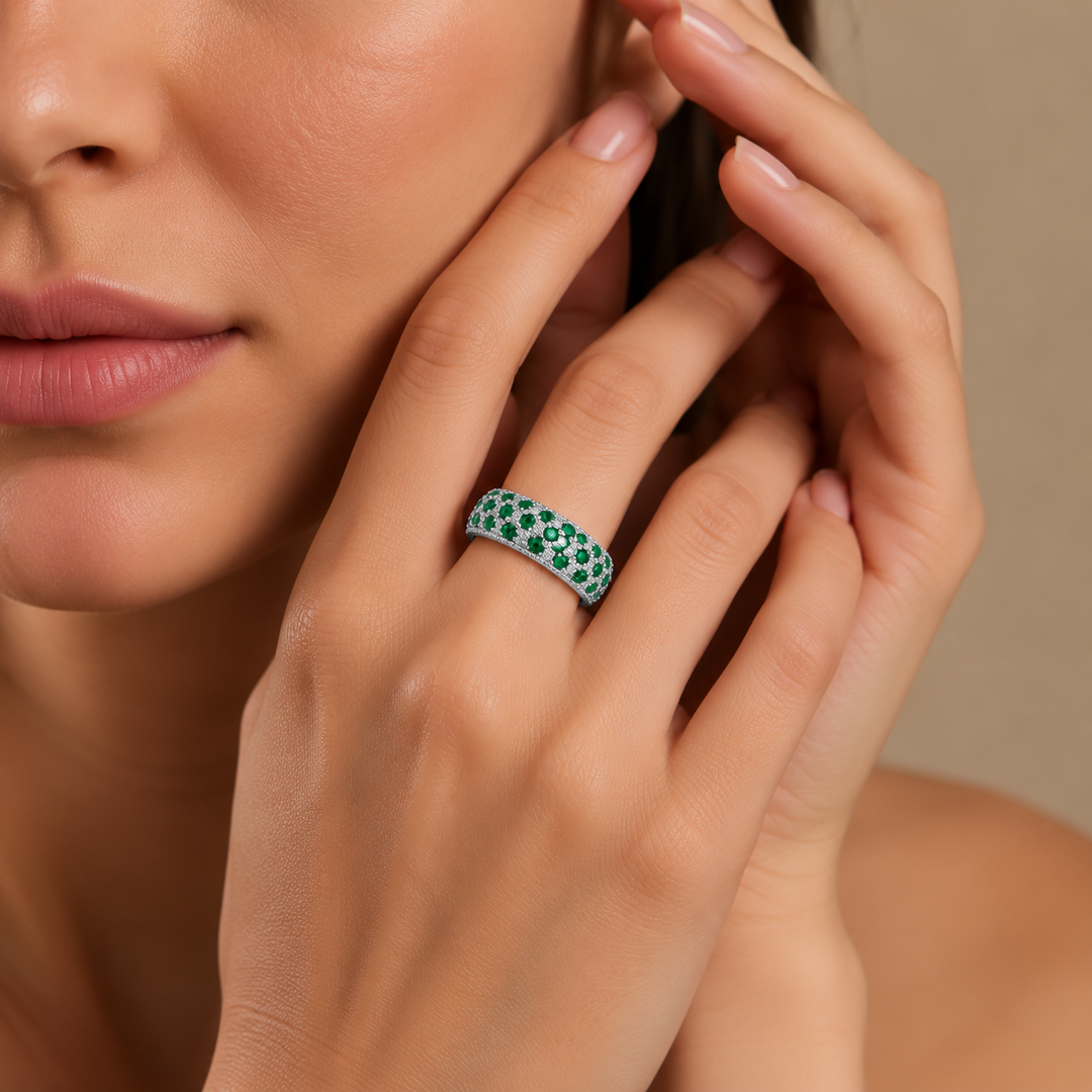 Emerald-Green Cushion Geometric Pavé Ring