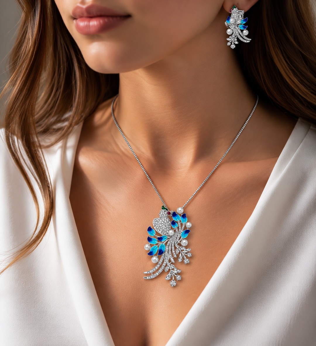 Royal Bird Enamel & Pearl Pendant Set