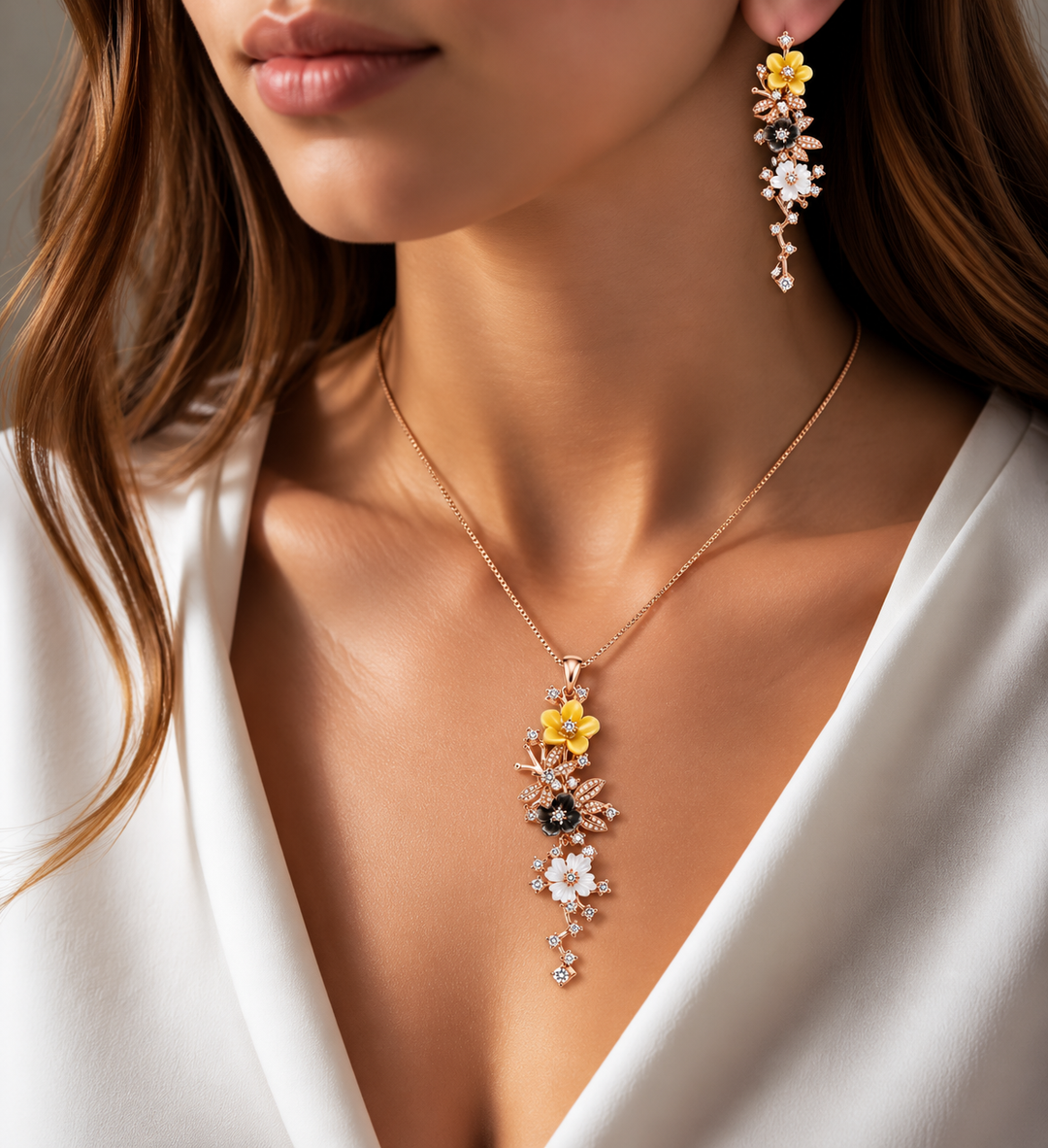 Blooming Vine Asymmetric Rose Gold Pendant Set