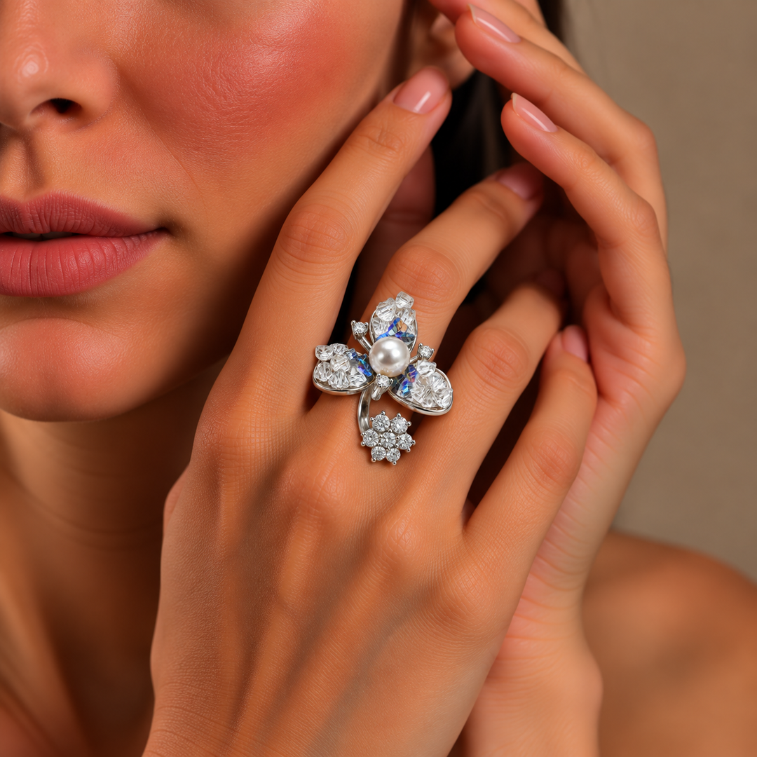Aura Pearl & Crystal Cluster Open Cuff Ring