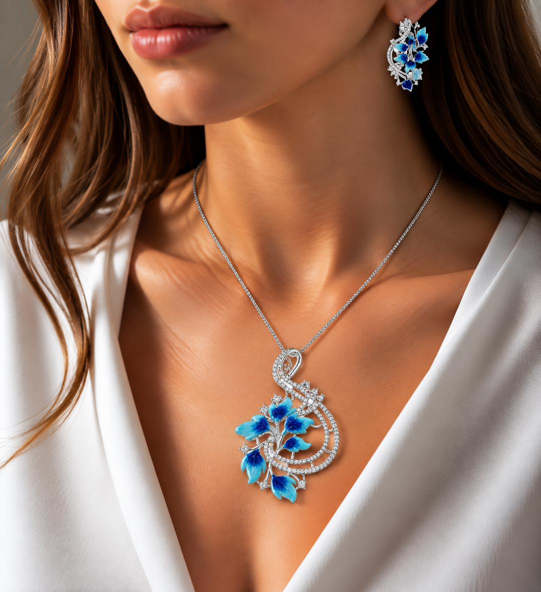 Azure Bloom Enamel & Crystal Pendant Set