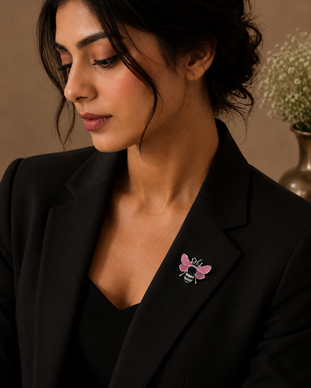 Midnight Sapphire & Rose Enamel Bee Brooch
