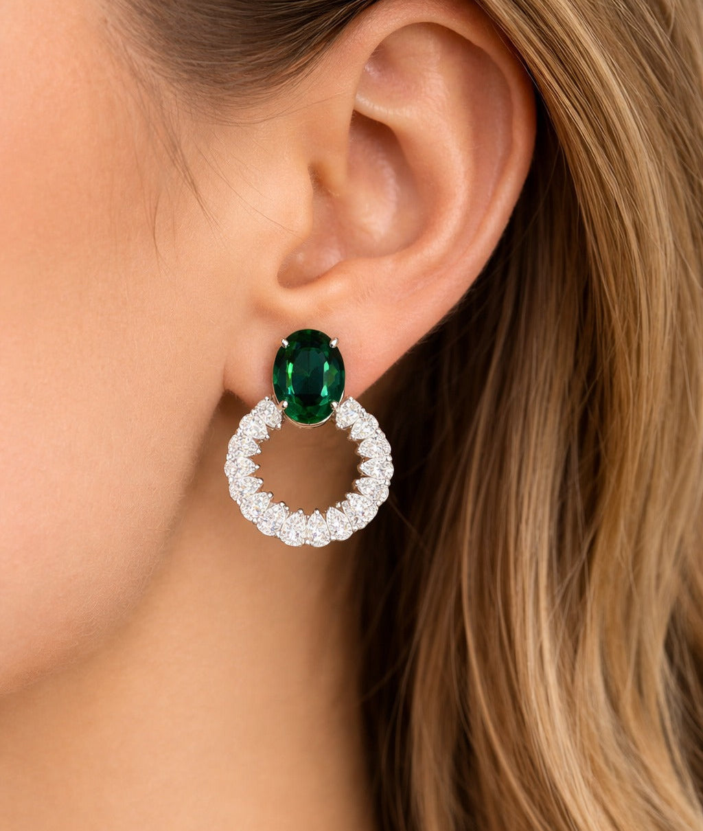 Emerald Halo Diamond Silver Earring